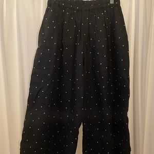 Linen polka dot blk wideleg pants